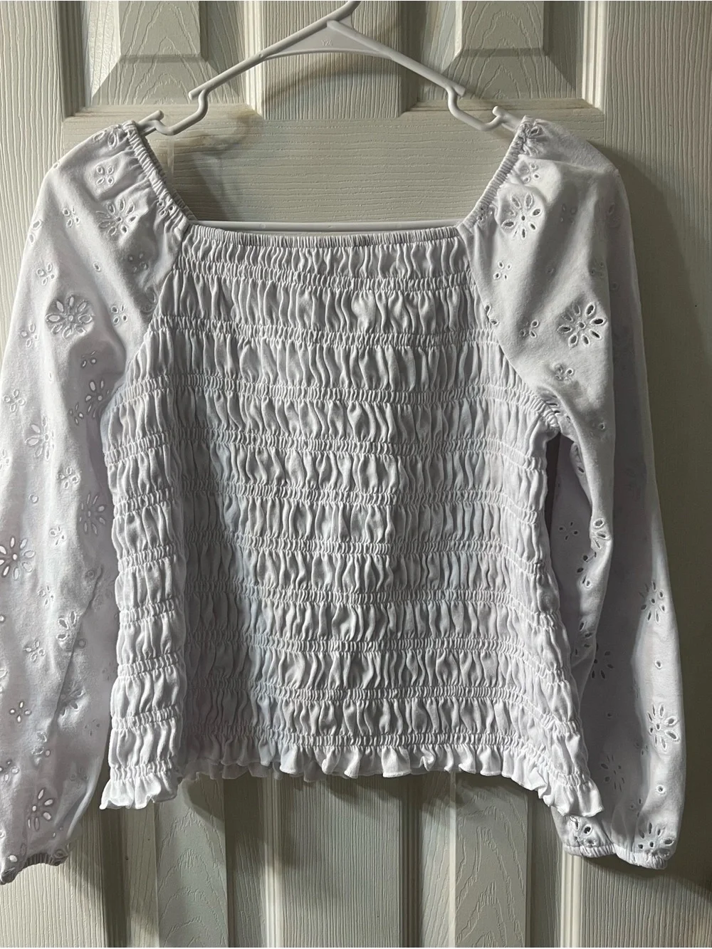 Girls XXL White Smocked Eyelet Long-Sleeve Top